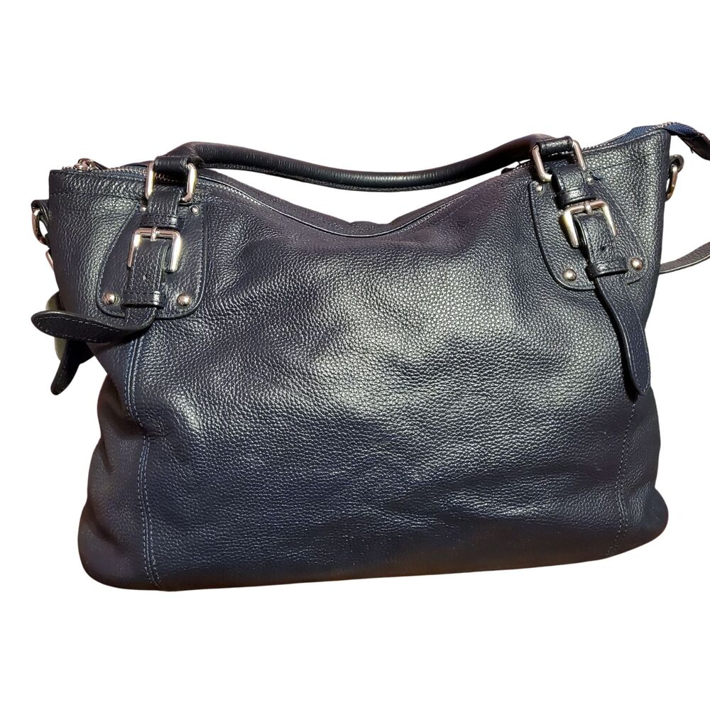 Heshe Large Dark Navy Blue Pebble Leather Double Handle Hobo Bag